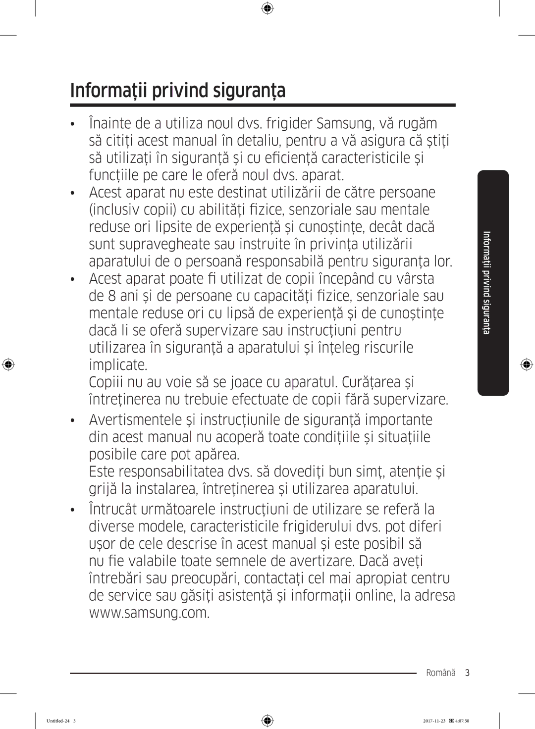 Samsung BRB260030WW/EF manual Informaţii privind siguranţa, Română  